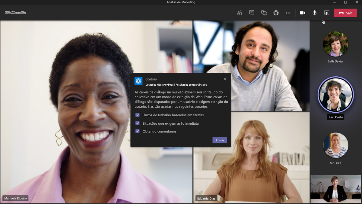 Captura de ecrã a mostrar uma notificação em reunião no ambiente de trabalho do Teams.