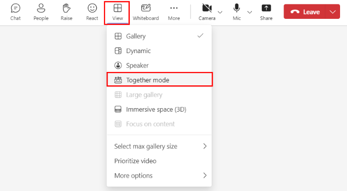 Captura de ecrã a mostrar as opções selecionar o modo juntos na reunião do Teams.