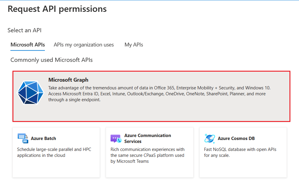 Captura de ecrã a mostrar a página Pedir permissões da API com a opção Microsoft Graph realçada.