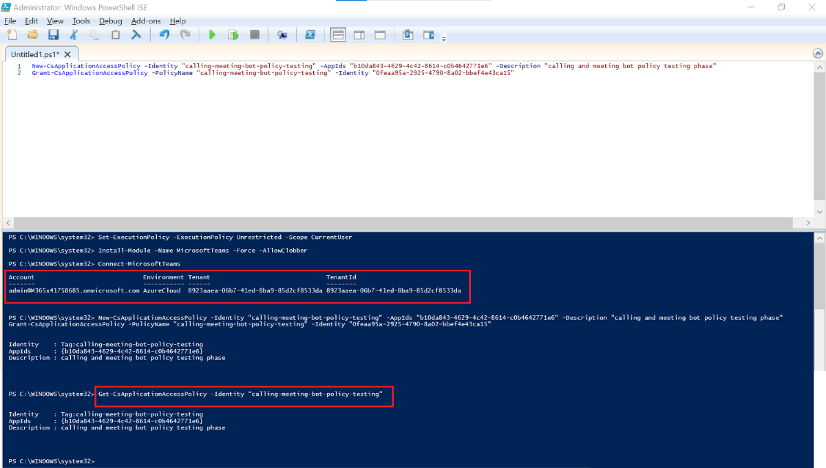 Captura de ecrã a mostrar Windows PowerShell ISE com os detalhes da Conta realçados a vermelho.