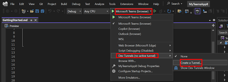 Captura de ecrã a mostrar a opção criar um túnel no Visual Studio.