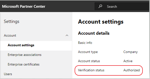 Status de verificação do Partner Center