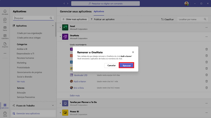 Captura de ecrã a mostrar a opção para selecionar a opção remover no teams.