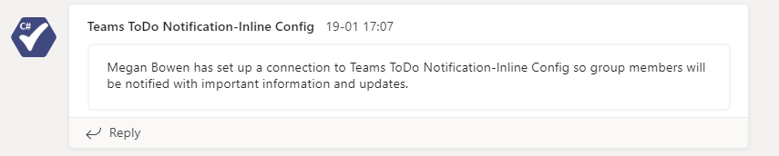 Captura de ecrã a mostrar a Configuração Inline de Notificação toDo do Teams a mostrar a confirmação da configuração da Configuração da Notificação ToDo do Teams na linha.