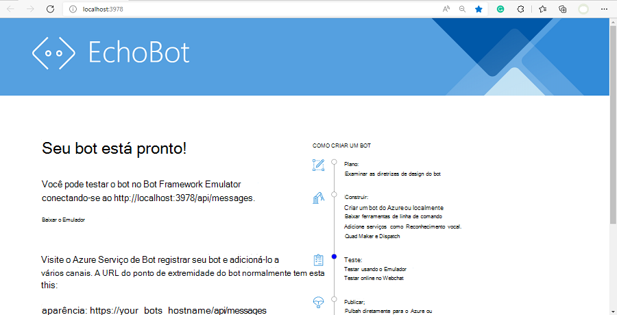 Captura de ecrã a mostrar uma página Web com uma mensagem a indicar que o bot está pronto.