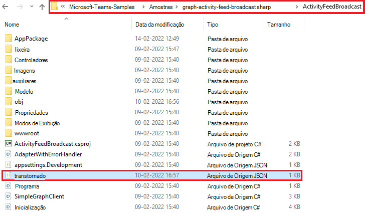 Captura de ecrã a mostrar a localização do ficheiro de definições da aplicação.