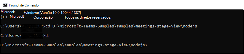 Captura de ecrã a mostrar a localização da pasta nodejs aberta na Linha de Comandos.