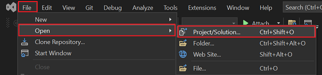 Captura de ecrã do Visual Studio com o Project/Solution realçado a vermelho.