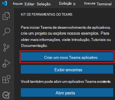 Localização do link de Criação de Novo Projeto na barra lateral do Kit de ferramentas do Teams.