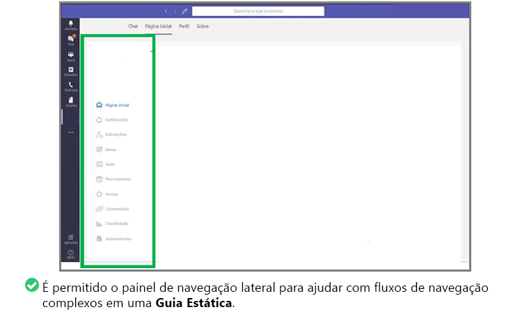 O gráfico mostra um exemplo de navegação num separador que não entra em conflito com a navegação principal do Teams.