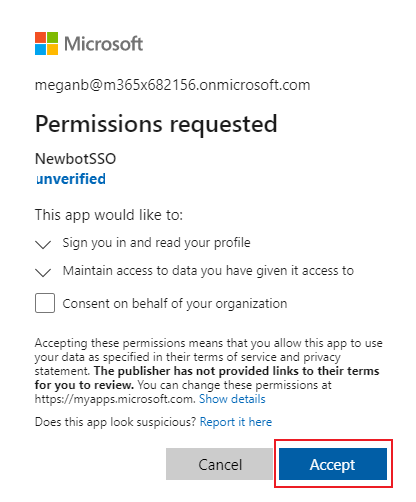 Captura de ecrã a mostrar a caixa de diálogo de consentimento da Microsoft com a origem Aceitar realçada a vermelho.