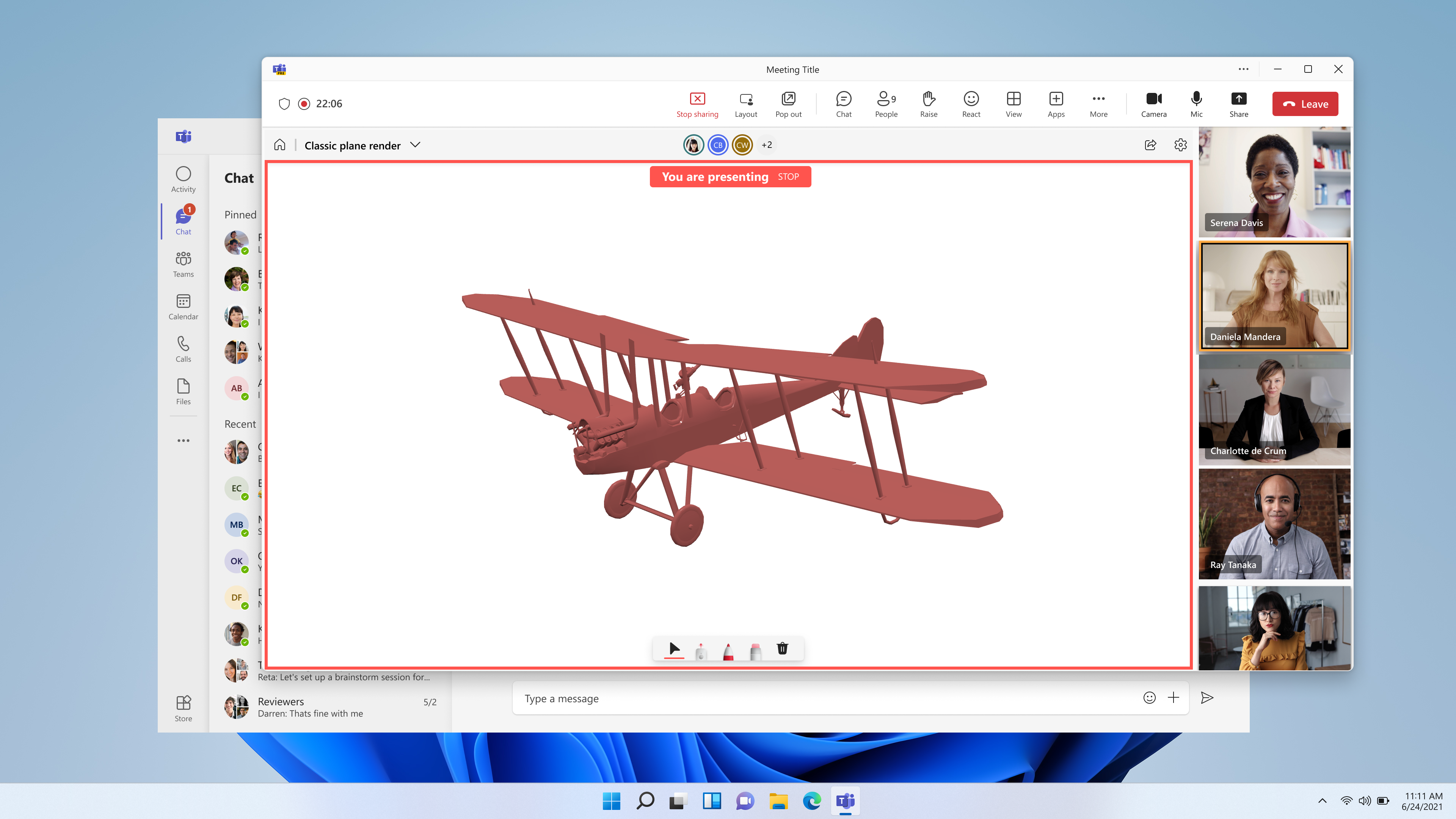 Captura de ecrã a mostrar a Partilha em Direto numa reunião. Os participantes da reunião estão a analisar um modelo 3D em conjunto.