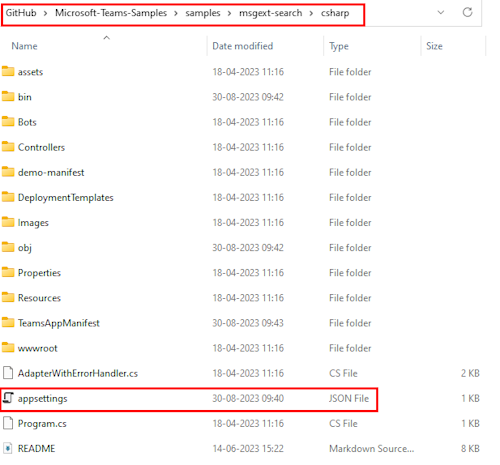 Captura de ecrã do repositório clonado com o caminho do ficheiro e o ficheiro JSON appsettings realçado a vermelho.