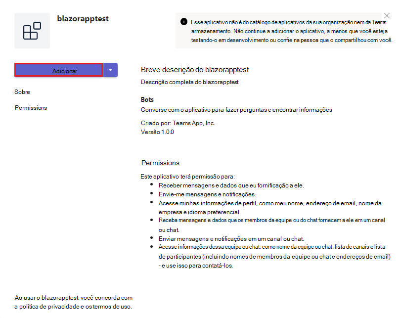 Captura de ecrã a mostrar o Teams a apresentar a opção Adicionar para adicionar a aplicação Blazor.