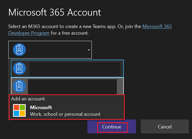 Captura de ecrã a mostrar a opção para selecionar a conta do Microsoft 365.