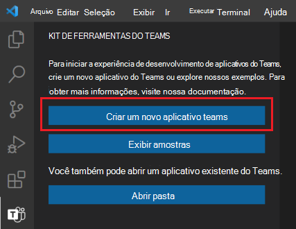 Captura de ecrã a mostrar a localização da ligação Criar Novo Projeto na barra lateral do Teams Toolkit.