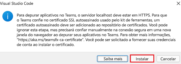 Captura de ecrã a mostrar o certificado a instalar.