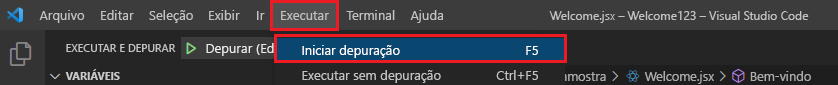 Captura de ecrã a mostrar a opção Iniciar depuração.