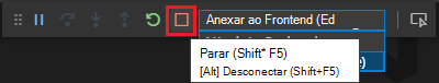 Captura de ecrã a mostrar a opção parar de depurar.