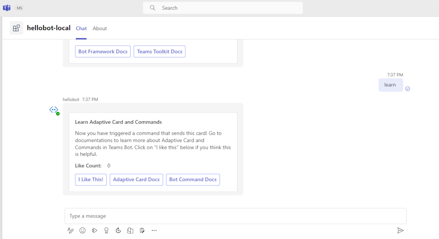 Captura de ecrã a mostrar a card de aprendizagem no bot no cliente do Teams.