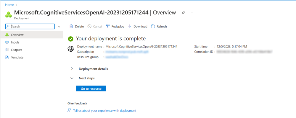 Captura de ecrã a mostrar a implementação da IA aberta do Azure.