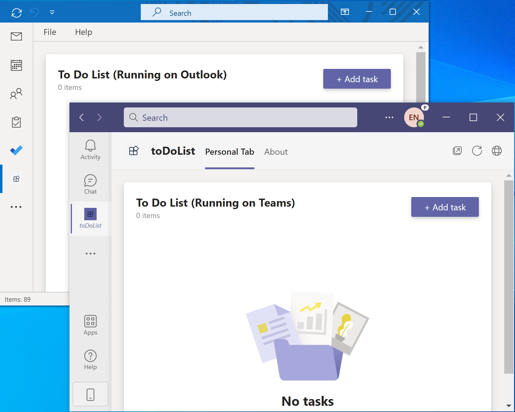 A captura de ecrã é um exemplo que mostra o separador Pessoal em execução no Outlook, Microsoft 365 e Teams.