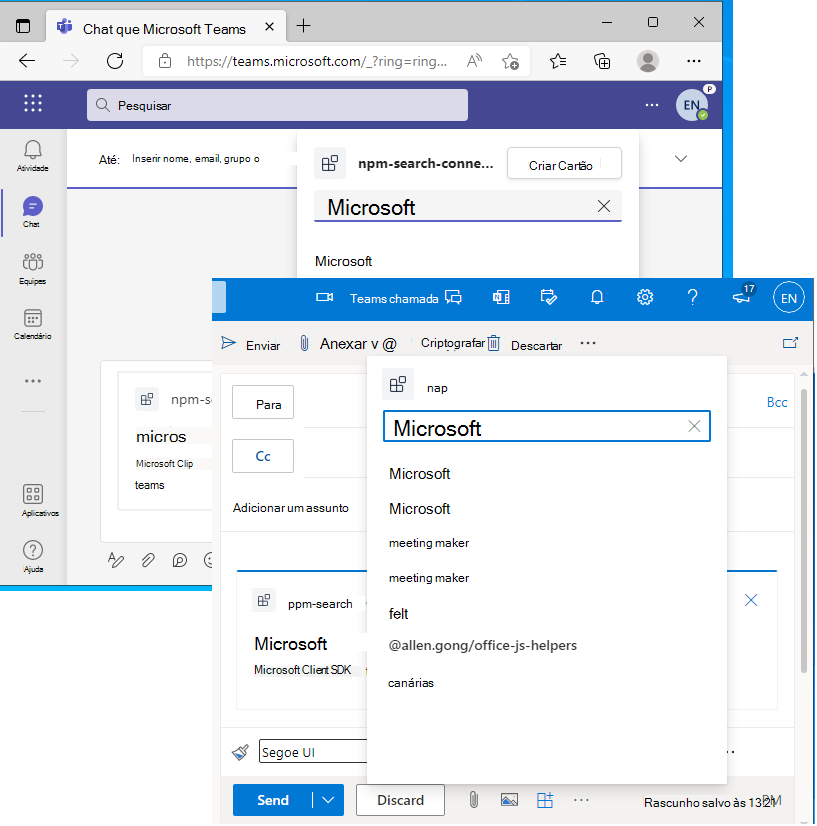 A captura de ecrã é um exemplo que mostra a extensão Mensagem em execução no Outlook e no Teams.