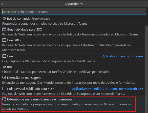 Captura de ecrã a mostrar a paleta de comandos do VS Code da aplicação Do Teams para listar as opções de exemplo do Teams.