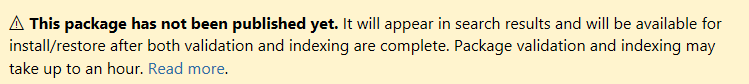 Captura de tela mostrando a mensagem de publicação exibida quando você carrega um pacote para nuget.org.