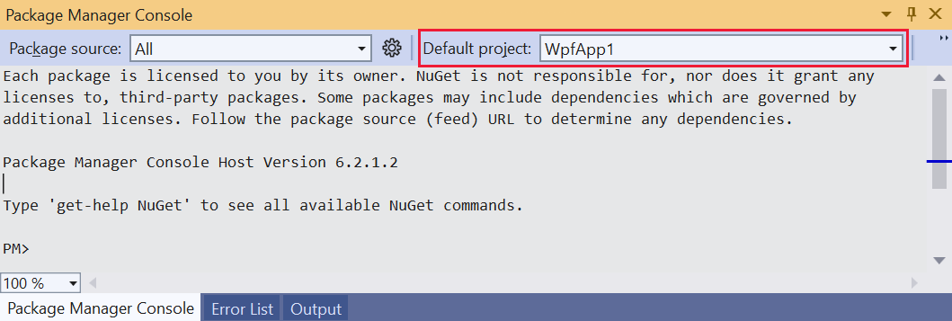 Captura de tela mostrando a janela Package Manage Console com o projeto Default realçado.