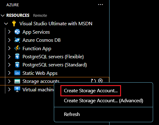 Selecionar Contas > de armazenamento Criar Conta de Armazenamento na extensão do Azure.