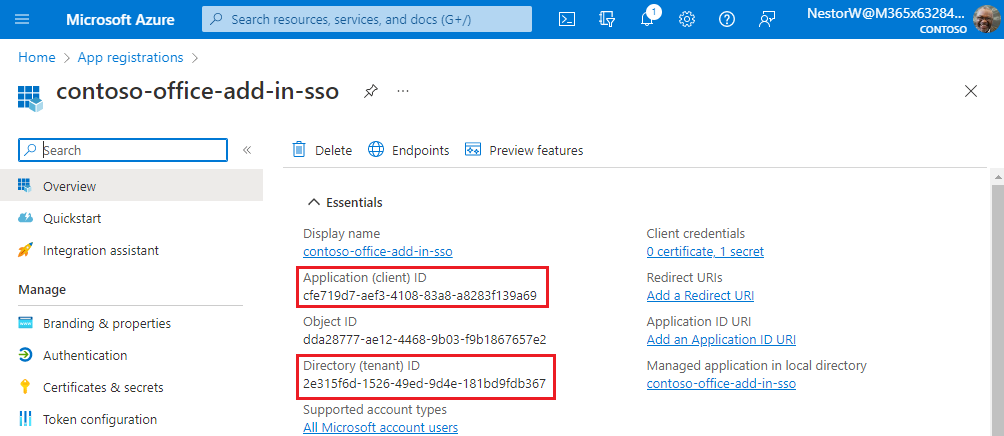 Painel de registro de aplicativo da Contoso que exibe a ID do cliente e a ID do diretório.