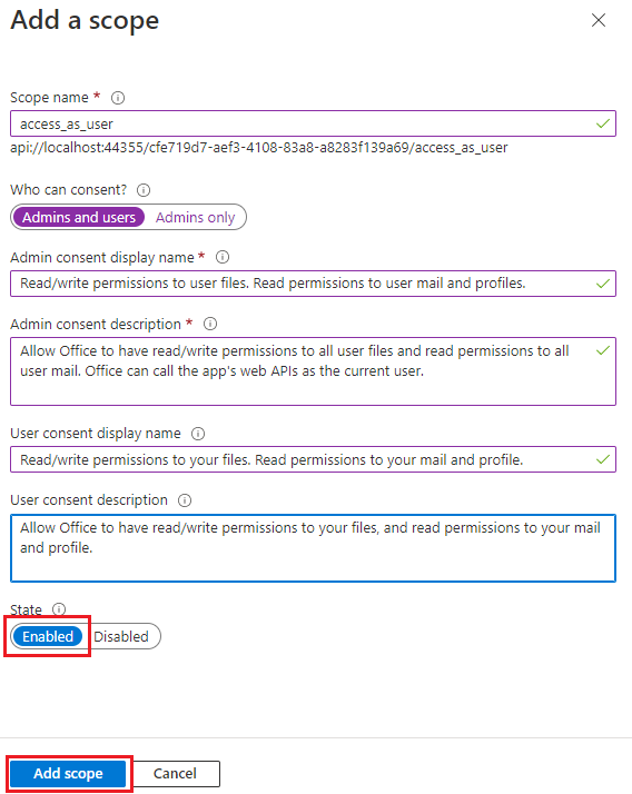 Defina o estado como habilitado e selecione o botão adicionar escopo.