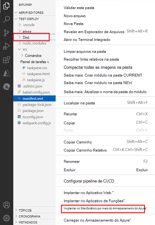 Selecione a pasta dist, clique com o botão direito do rato (ou selecione sem soltar) e selecione Implementar no Site Estático através do Armazenamento do Azure.