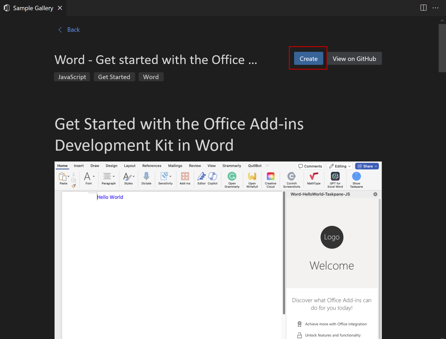 A galeria de exemplos do Development Kit no Visual Studio Code