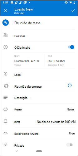 O ecrã criar reunião no Android com um botão de alternar contoso de carregamento.