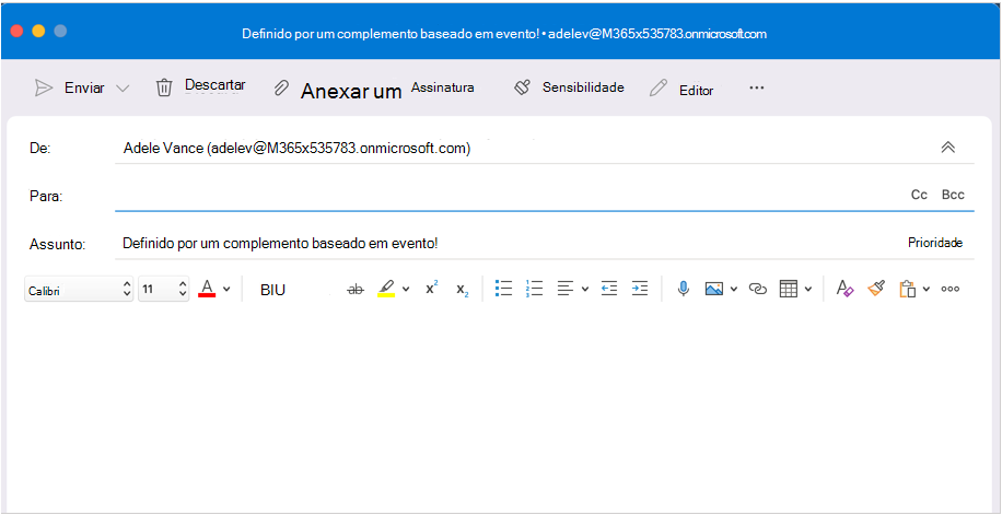 Uma janela de mensagem no Outlook na nova IU do Mac com o assunto definido na composição.