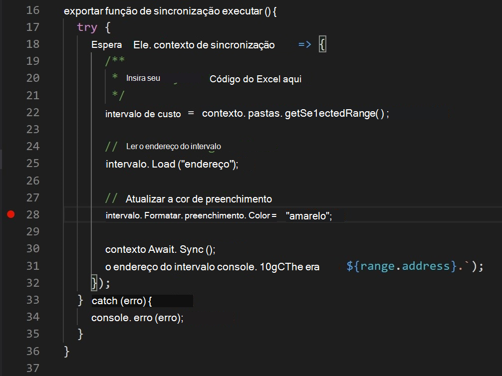 O círculo vermelho aparece em uma linha de código no Visual Studio Code.