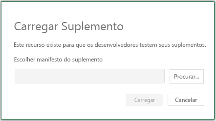 A caixa de diálogo Carregar suplemento com botões para pesquisar, carregar e cancelar.