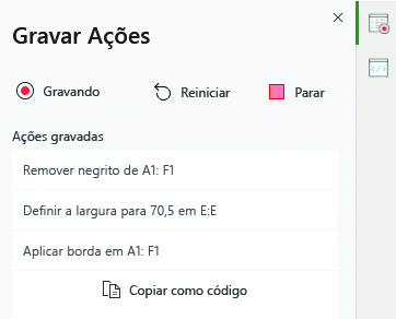 Uma lista de ações gravada pelo Gravador de Ações.