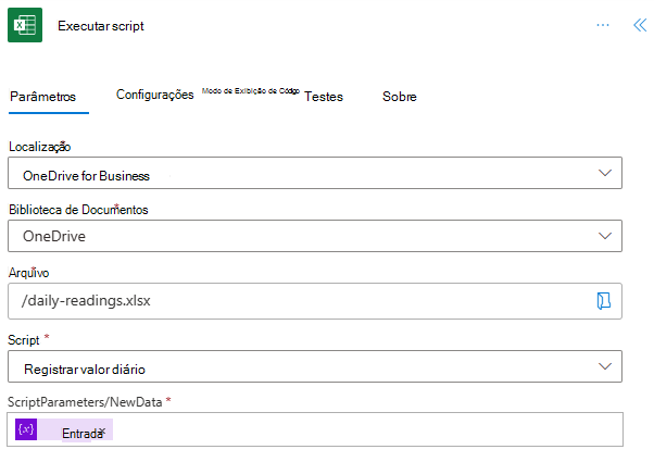 A ação Executar script com os valores fornecidos.