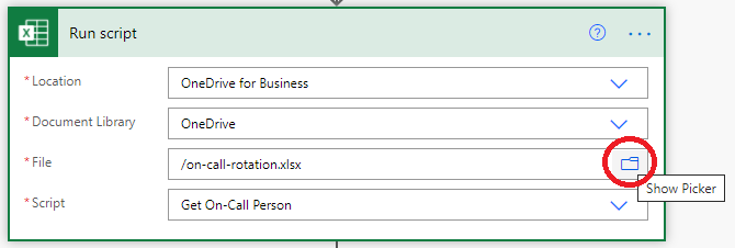 A ação Executar script do Power Automate a mostrar a opção Mostrar browser de ficheiros seletor.