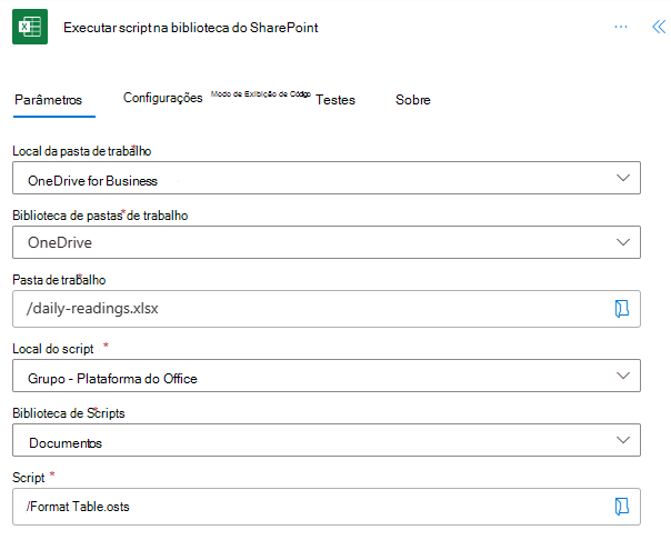 A ação Executar script da biblioteca do SharePoint com campos concluídos que mostram que o local da pasta de trabalho é 'OneDrive for Business', a biblioteca de pastas de trabalho é 'OneDrive', a pasta de trabalho é 'daily-readings.xlsx', o local do script é 'Grupo - Plataforma do Office', a biblioteca de scripts é 'Documentos', e o script é chamado de 'Tabela de Formato'.