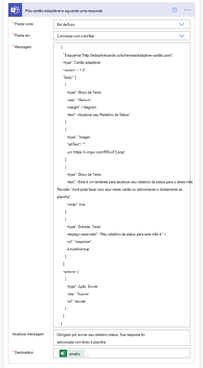 O fluxo do Power Automate mostrando a ação de cartão adaptável concluída.