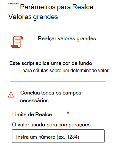 A caixa de diálogo apresentada aos utilizadores quando é executado um script com parâmetros.