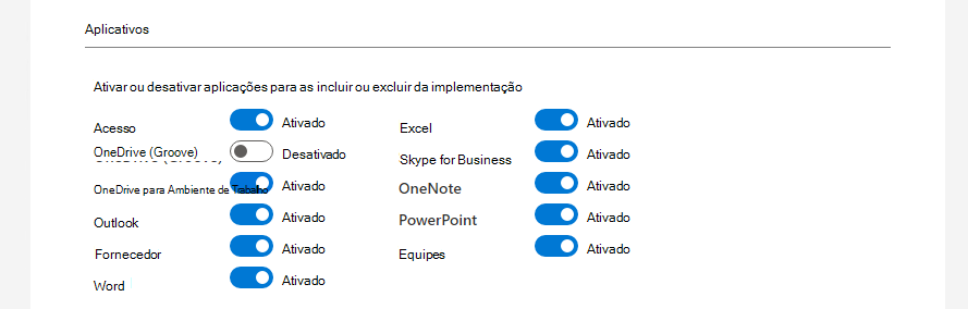 Captura de ecrã das opções de configuração no assistente de instalação do Cliente do Office a mostrar os botões de alternar para incluir ou excluir aplicações como Skype for Business, Outlook e Excel.