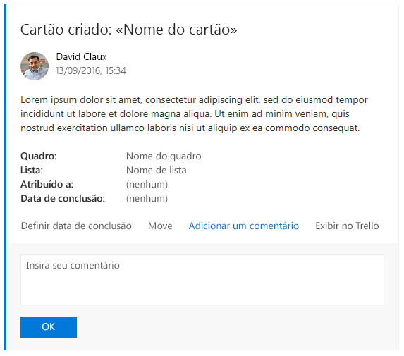 Um exemplo de carta Trello com uma carta de ação expandida.