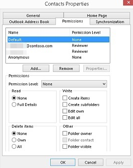 Captura de ecrã que mostra o separador de permissões em Propriedades de contacto.