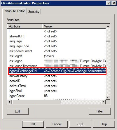 Captura de ecrã da janela de propriedades de administrador com o atributo legacyExchangeDN selecionado.