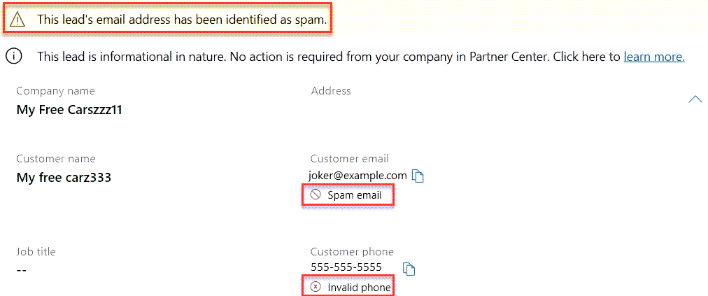 Captura de tela que mostra um lead no Partner Center com avisos de spam realçados.